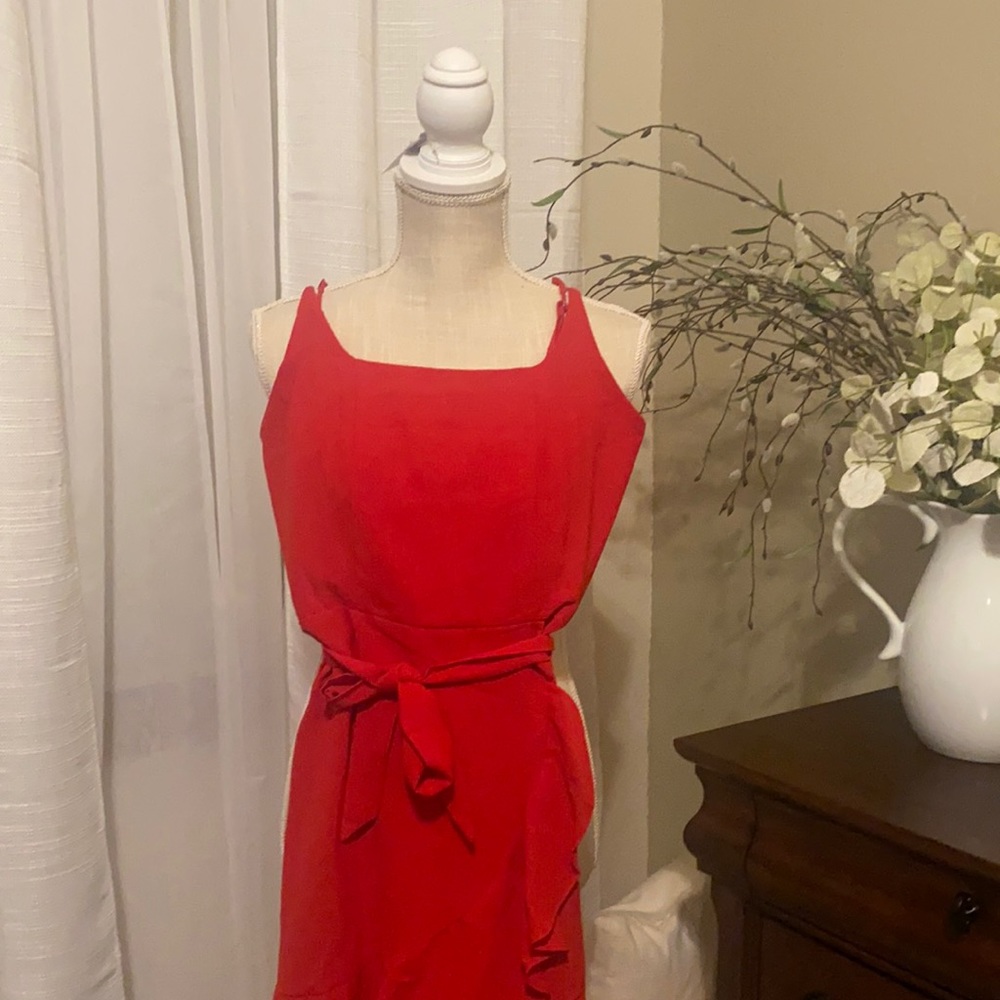 Red spaghetti strap dress with ruffle and tie!